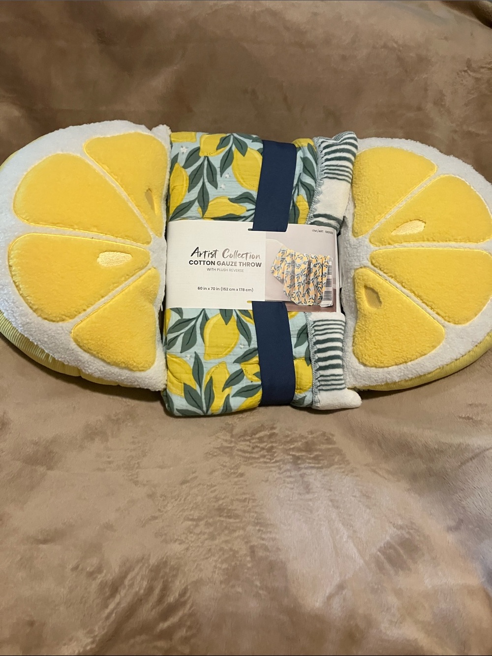 Artist Collection Lemon Print Cotton Gauze Throw - Bundle of Blanket & 2 pillows